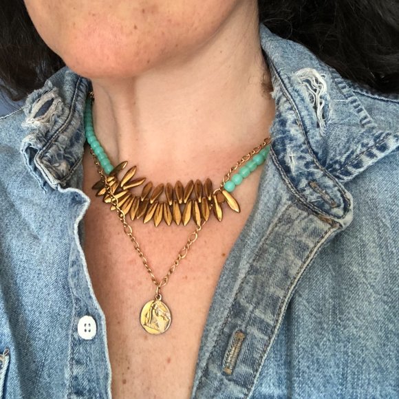 NEW Turquoise Gold Beaded Statement Necklace Flauxy Artist Made Layering Piece - Picture 10 of 12